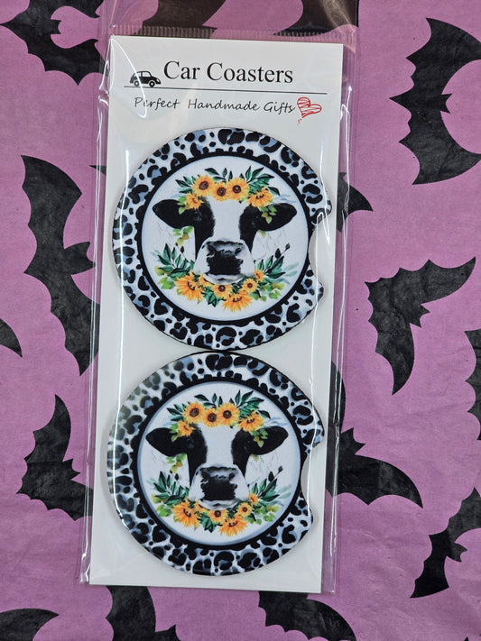 Cow and sunflowers neoprene car coaster